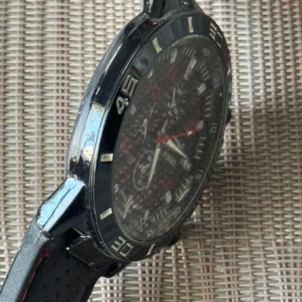 Pinbo Mens Sport Watch Black Red Japan Movt‎ Silicone Band Racing Style Analog